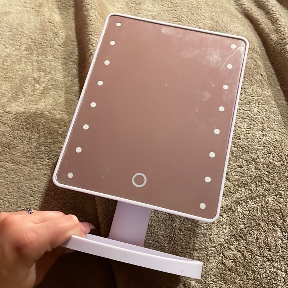 White, led light up mirror, touch, storage tray